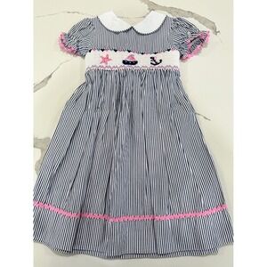 Marmellata Girls Size 5 Smocked Nautical Stripe Dress Sailboat Anchor Pink Trim